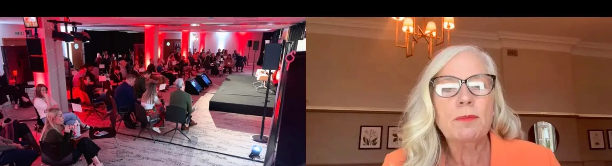 A hybrid session: the client's event room in one window and Alison presenting from her studio in the other.